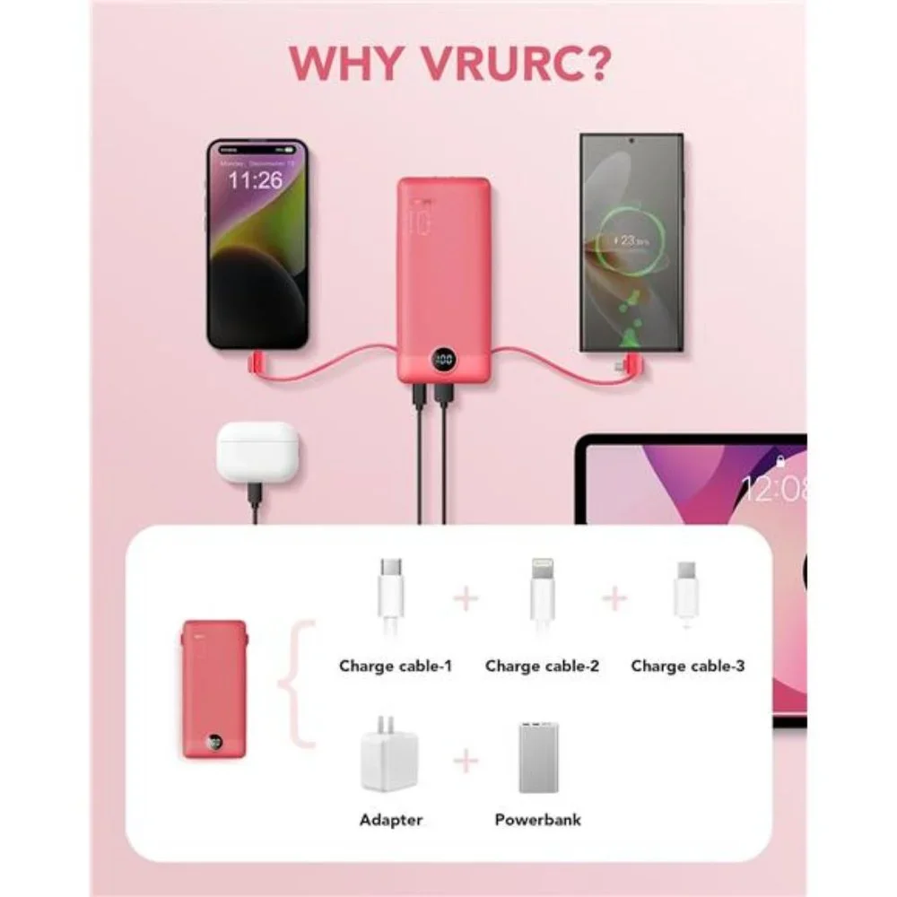 Portable Charger Built-in Cables and AC Wall Plug, USB C Power Bank 10000mAh